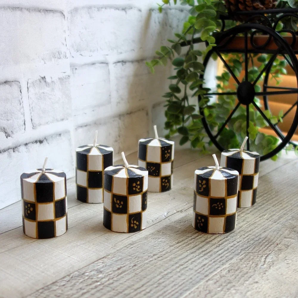 Courtly Whimsy Candle Black White Check Tall Tealight Candle Checked Votive - Picture 6 of 7